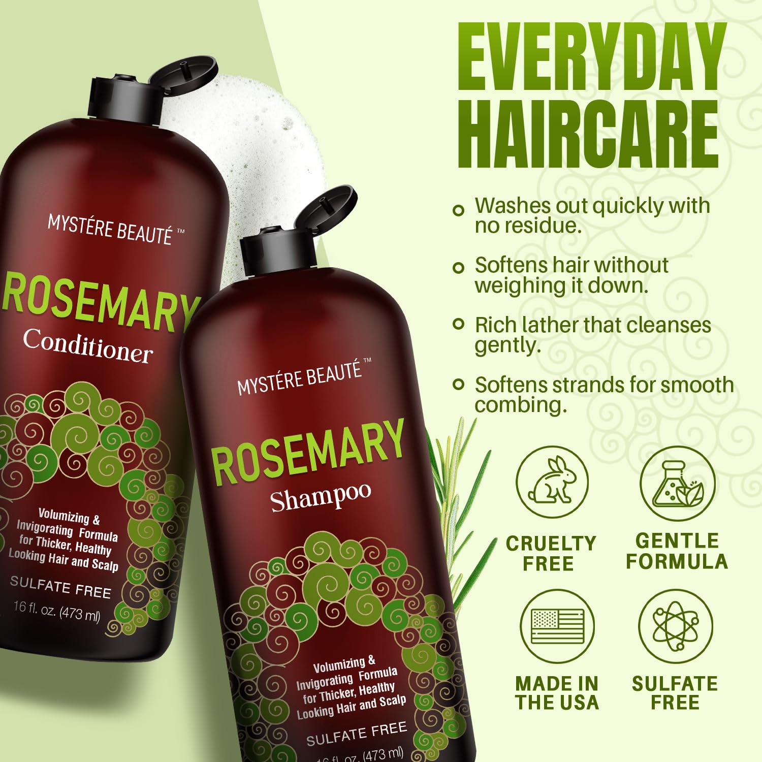 MYSTÉRE BEAUTÉ Rosemary Conditioner application shows hydrating care for dry hair.