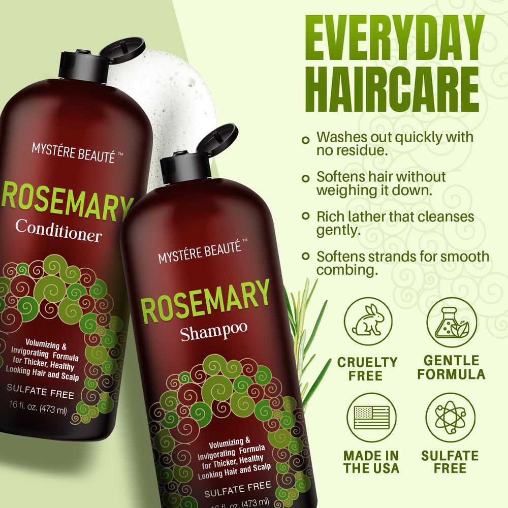 MYSTÉRE BEAUTÉ Rosemary Conditioner application shows hydrating care for dry hair.