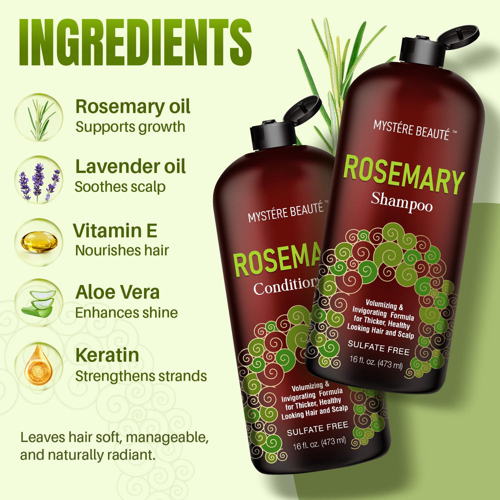 MYSTÉRE BEAUTÉ Rosemary Conditioner bottle promises silky, nourished strands.