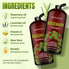 MYSTÉRE BEAUTÉ Rosemary Conditioner bottle promises silky, nourished strands.