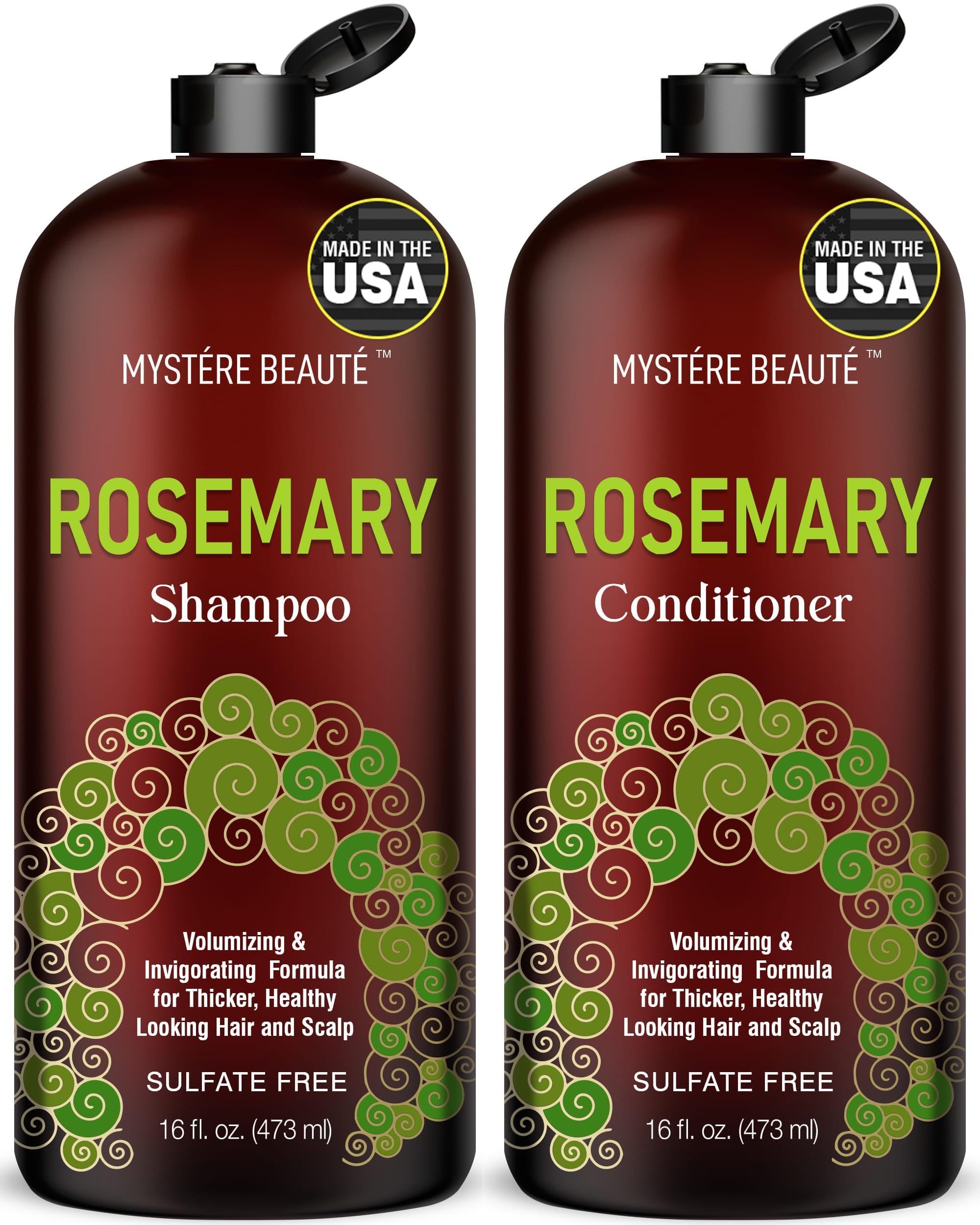 MYSTÉRE BEAUTÉ Rosemary Shampoo bottle offers a refreshing scalp cleanse.