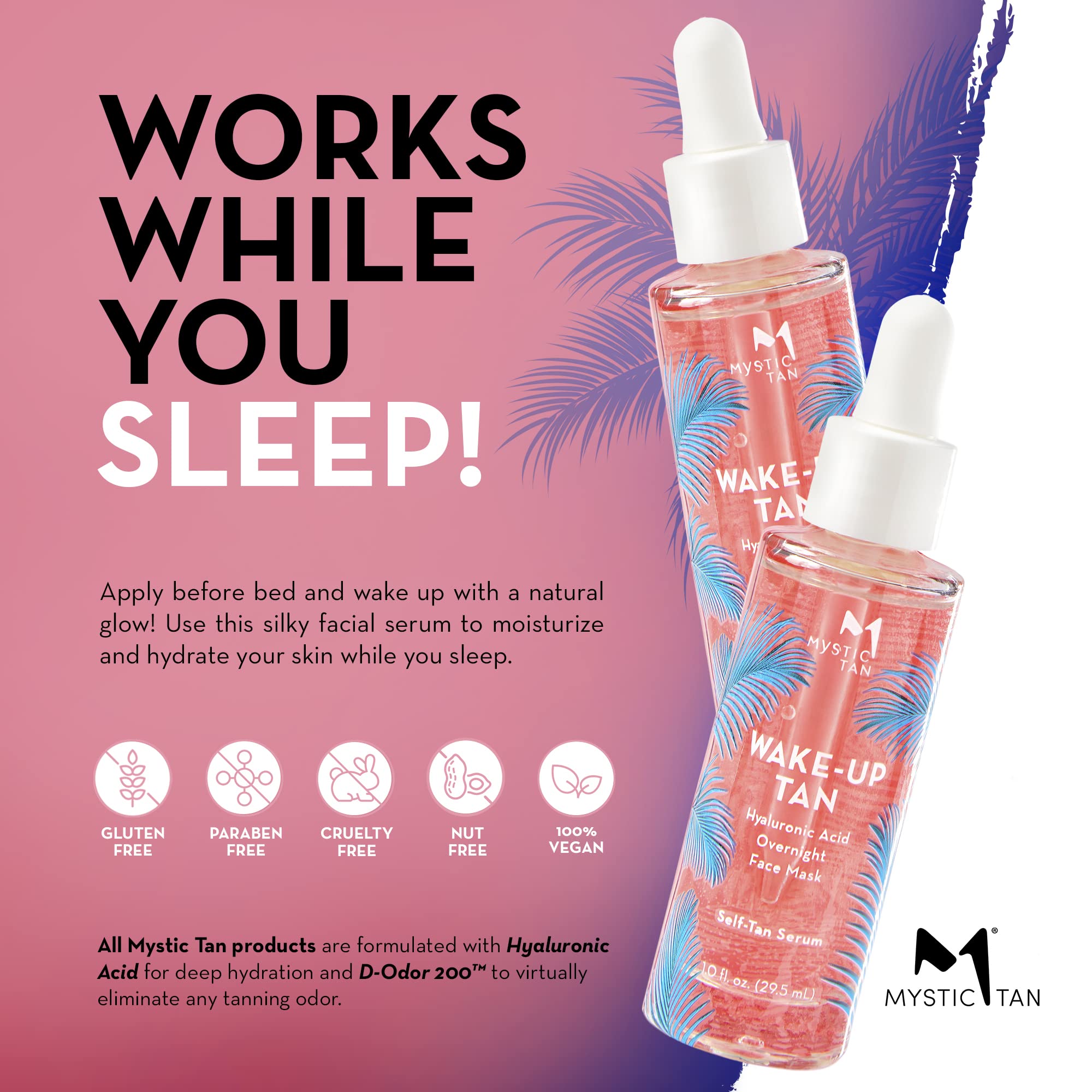 Mystic Tan serum featuring hyaluronic acid for soft, hydrated skin texture.