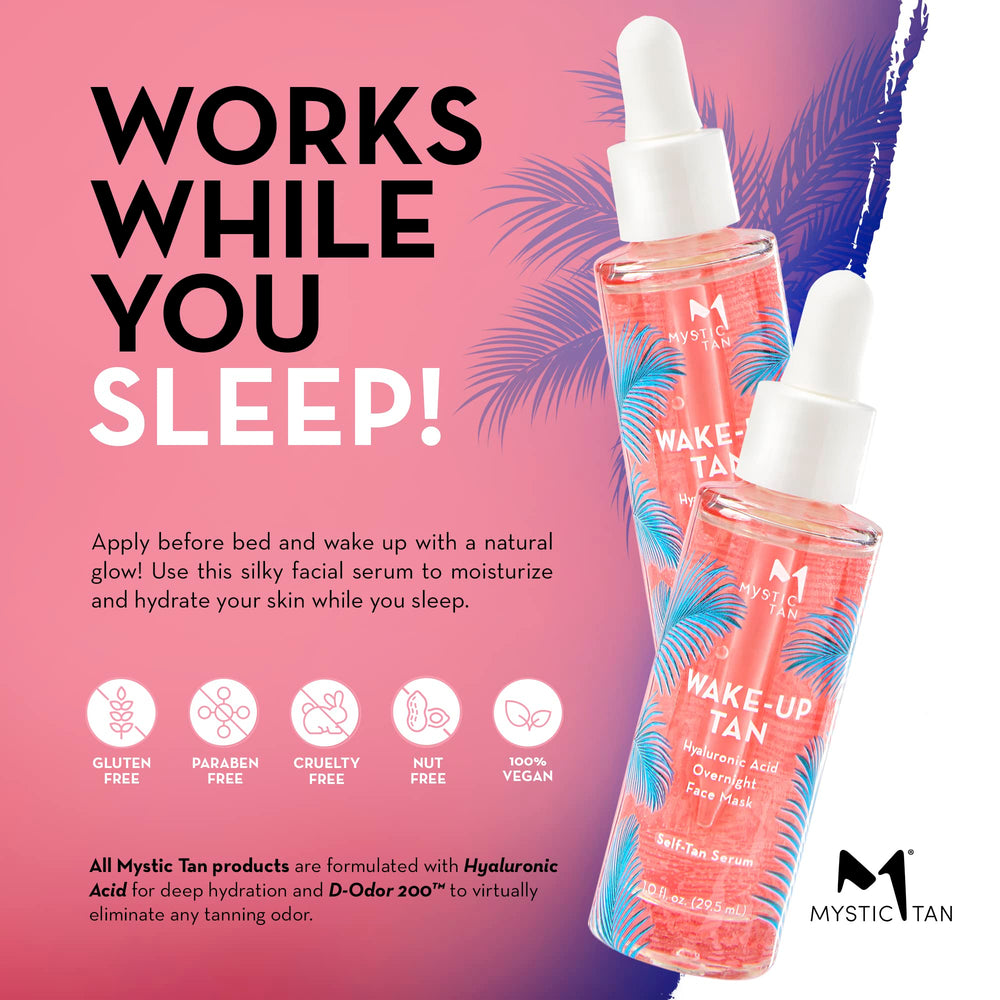 Mystic Tan serum featuring hyaluronic acid for soft, hydrated skin texture.