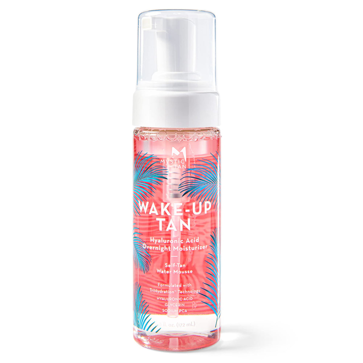Mystic Tan Wake-Up Tan water mousse bottle shows clear formula for transfer-free tanning.