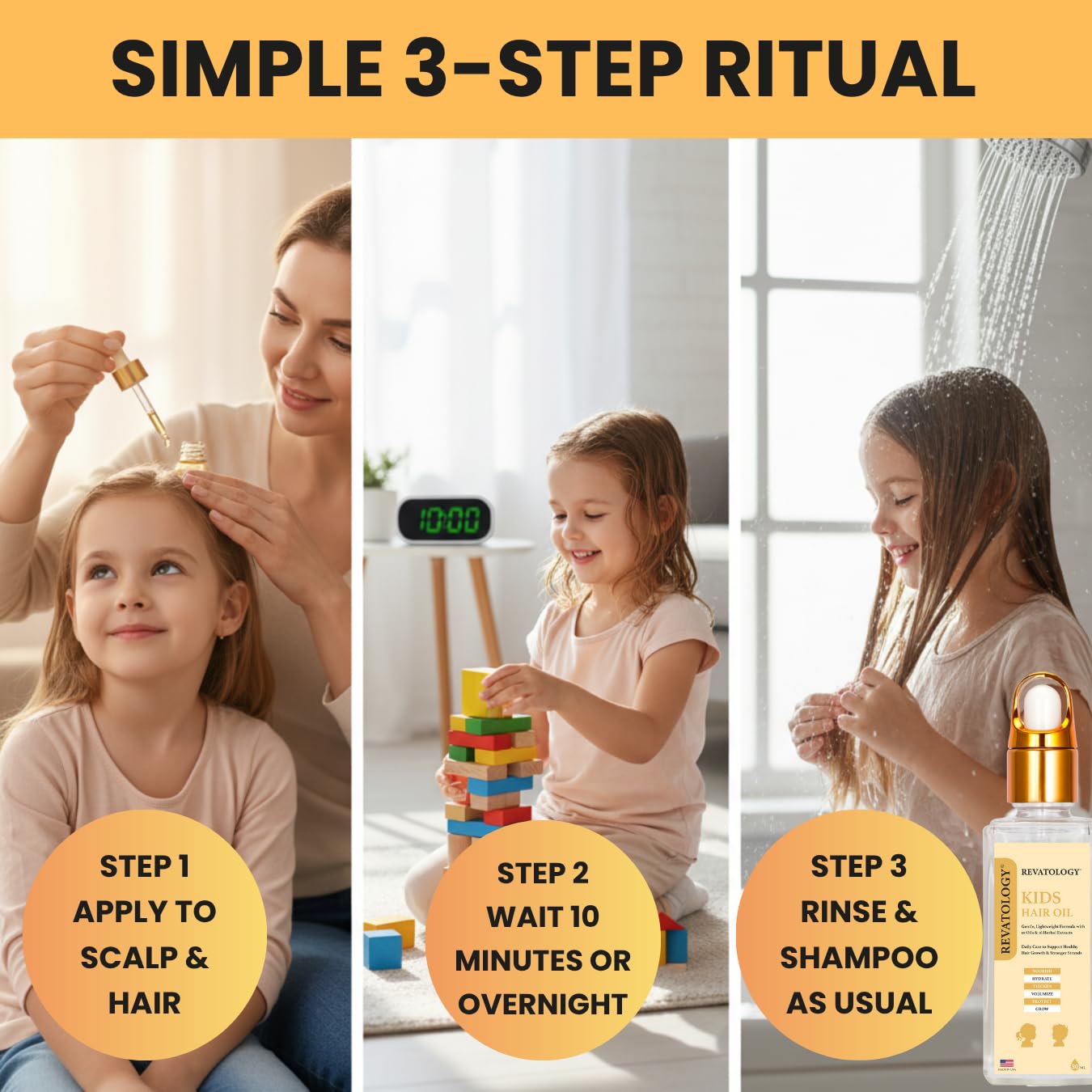 Mystique Abundance Revatology baby hair on a child demonstrates soft, non-greasy shine.