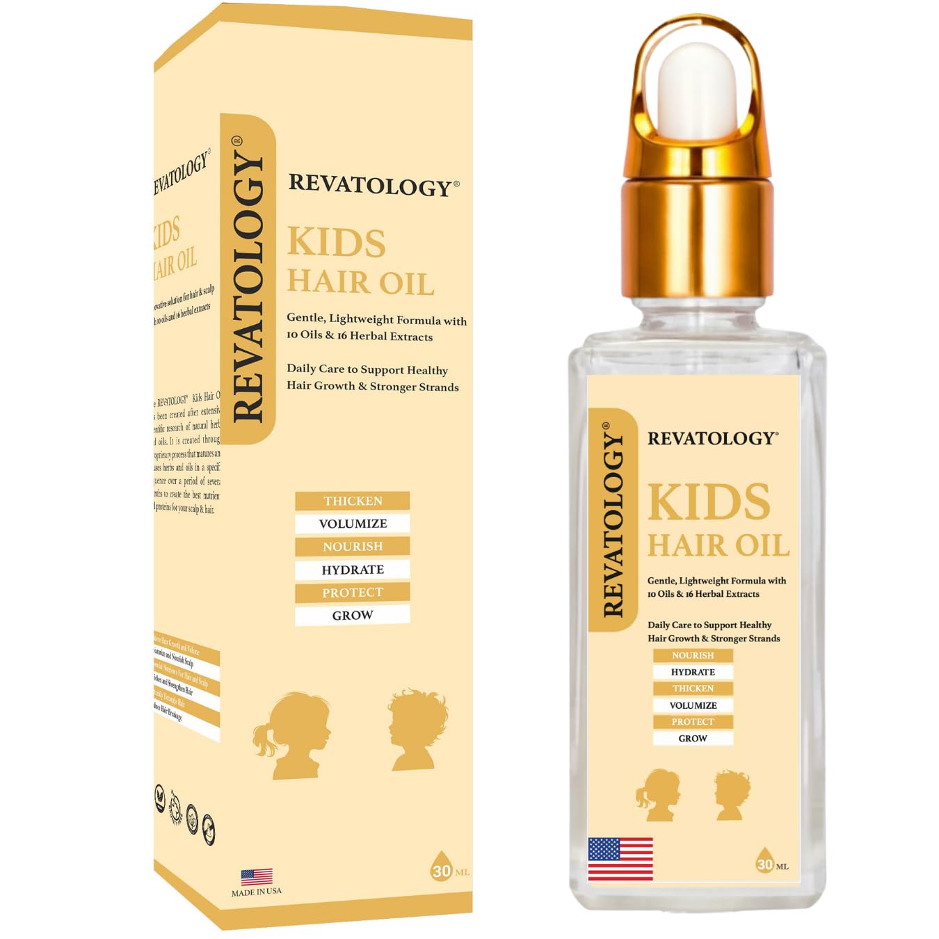 Mystique Abundance Revatology bottle closeup shows a gentle kid-friendly hair oil.