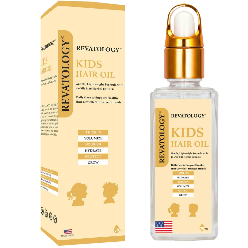 Mystique Abundance Revatology bottle closeup shows a gentle kid-friendly hair oil.