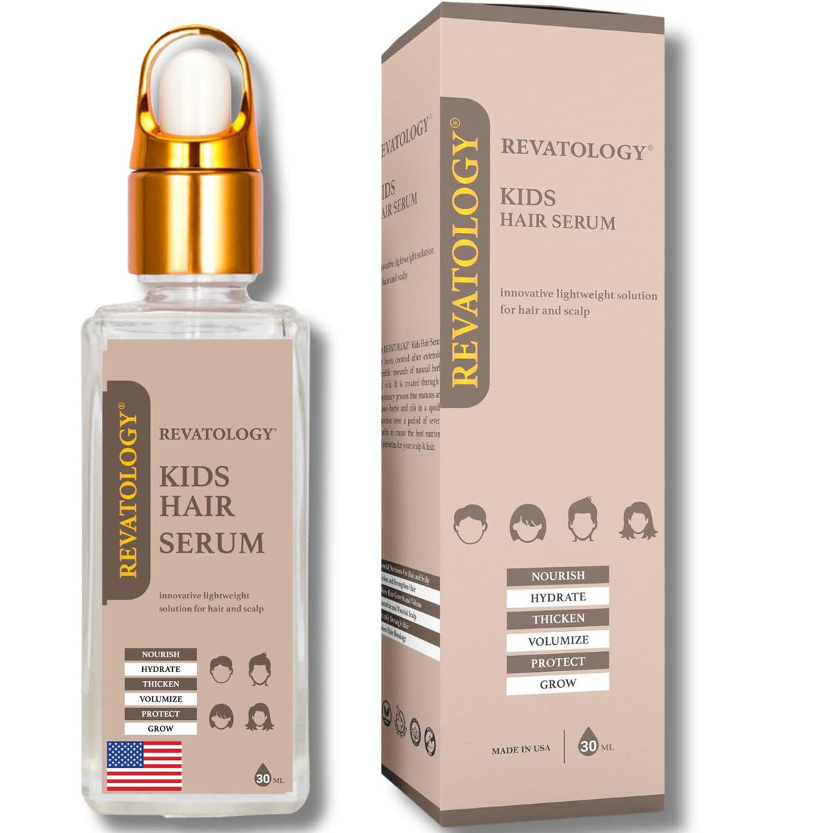 Mystique Abundance Revatology kids serum bottle closeup highlights lightweight leave-in for daily growth.