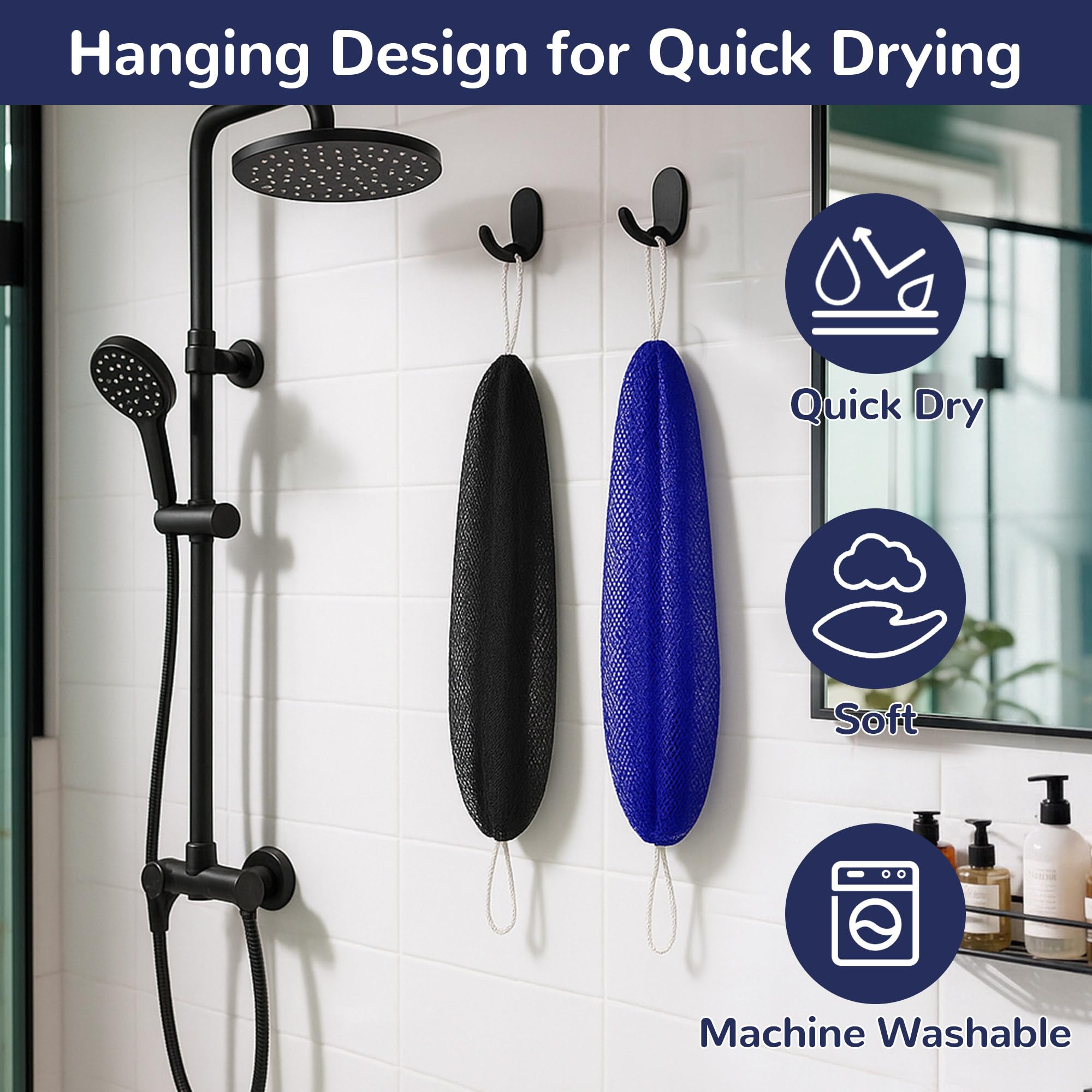 Mytium bath scrubber in a bathroom scene showcasing quick-dry mesh