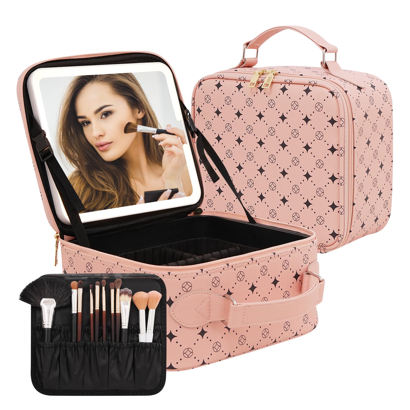 MYUREN travel makeup bag with leather lychee texture keeps cosmetics organized.