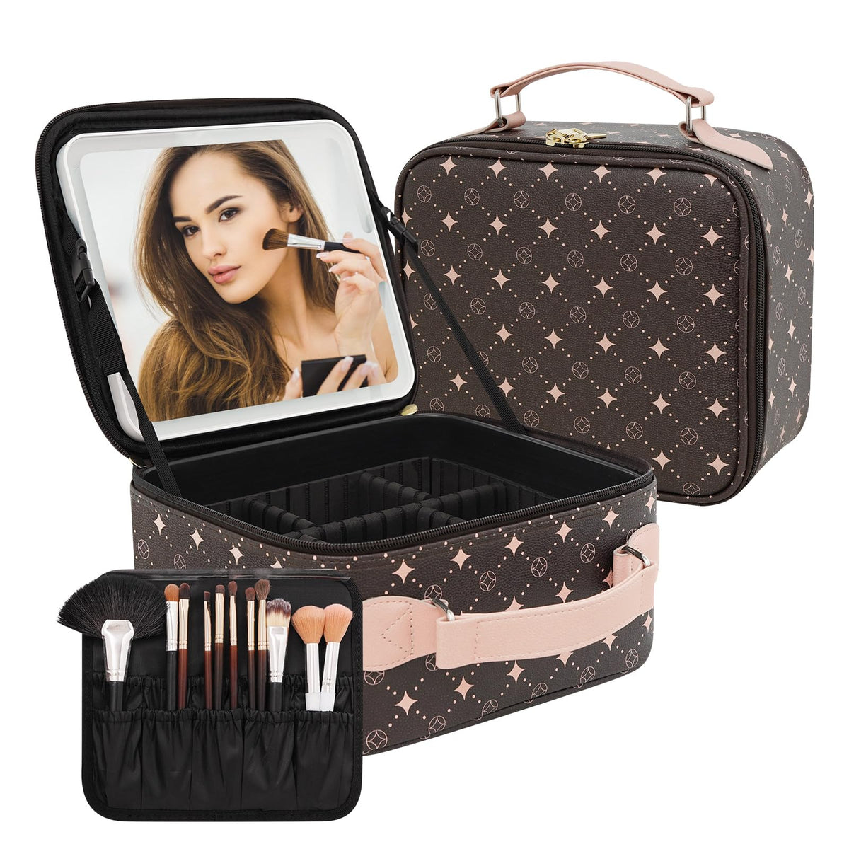 M Y U R E N travel makeup bag with 360° mirror for on-the-go cosmetics.