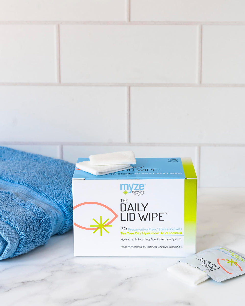 Myze eye-care routine example showing daily use in morning.