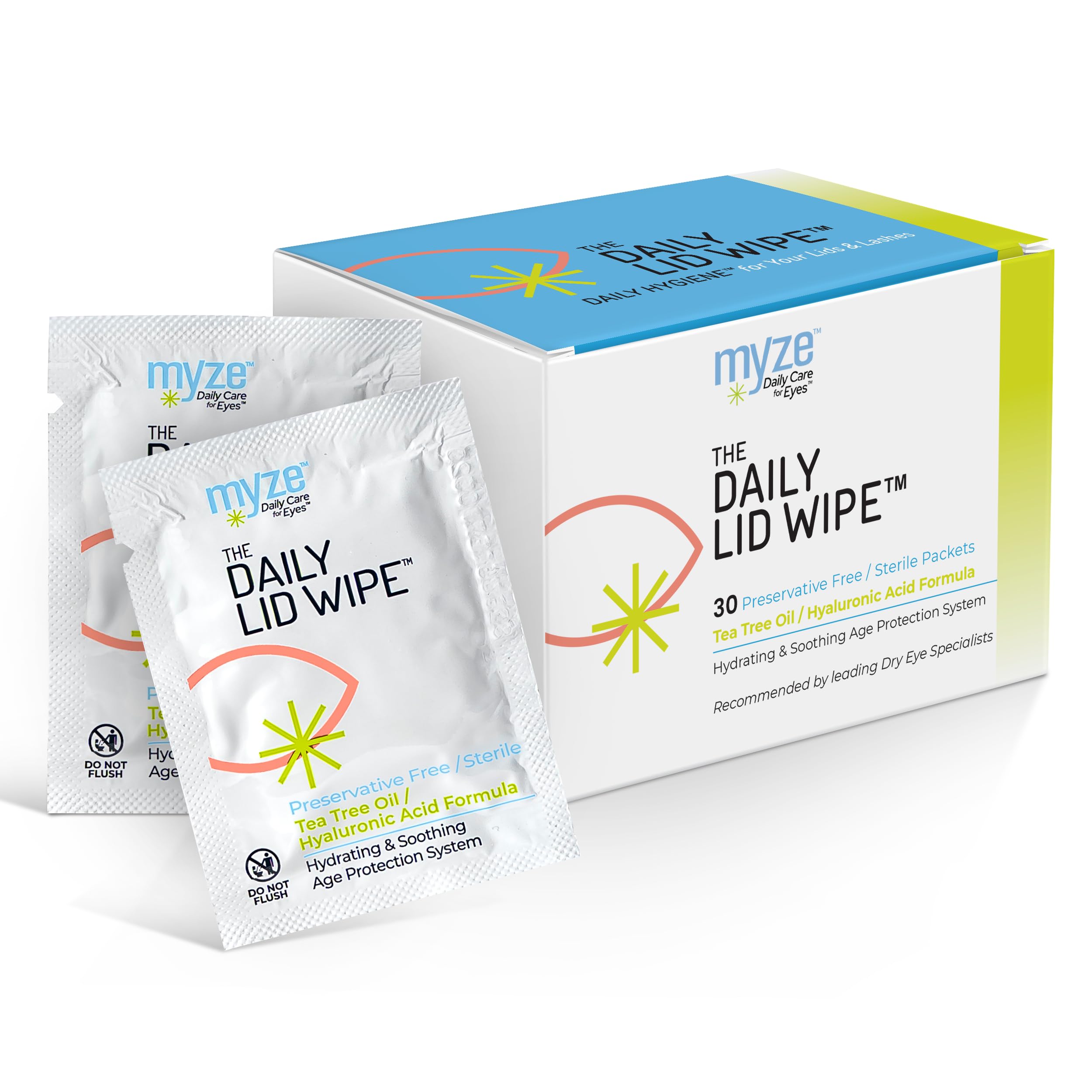 Myze The Daily Lid Wipe packaging demonstrates easy daily eyelid care for busy mornings.