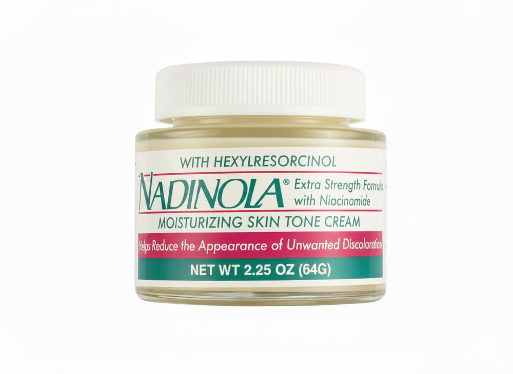 Nadinola cream texture closeup highlights soft, creamy consistency for even-toned skin