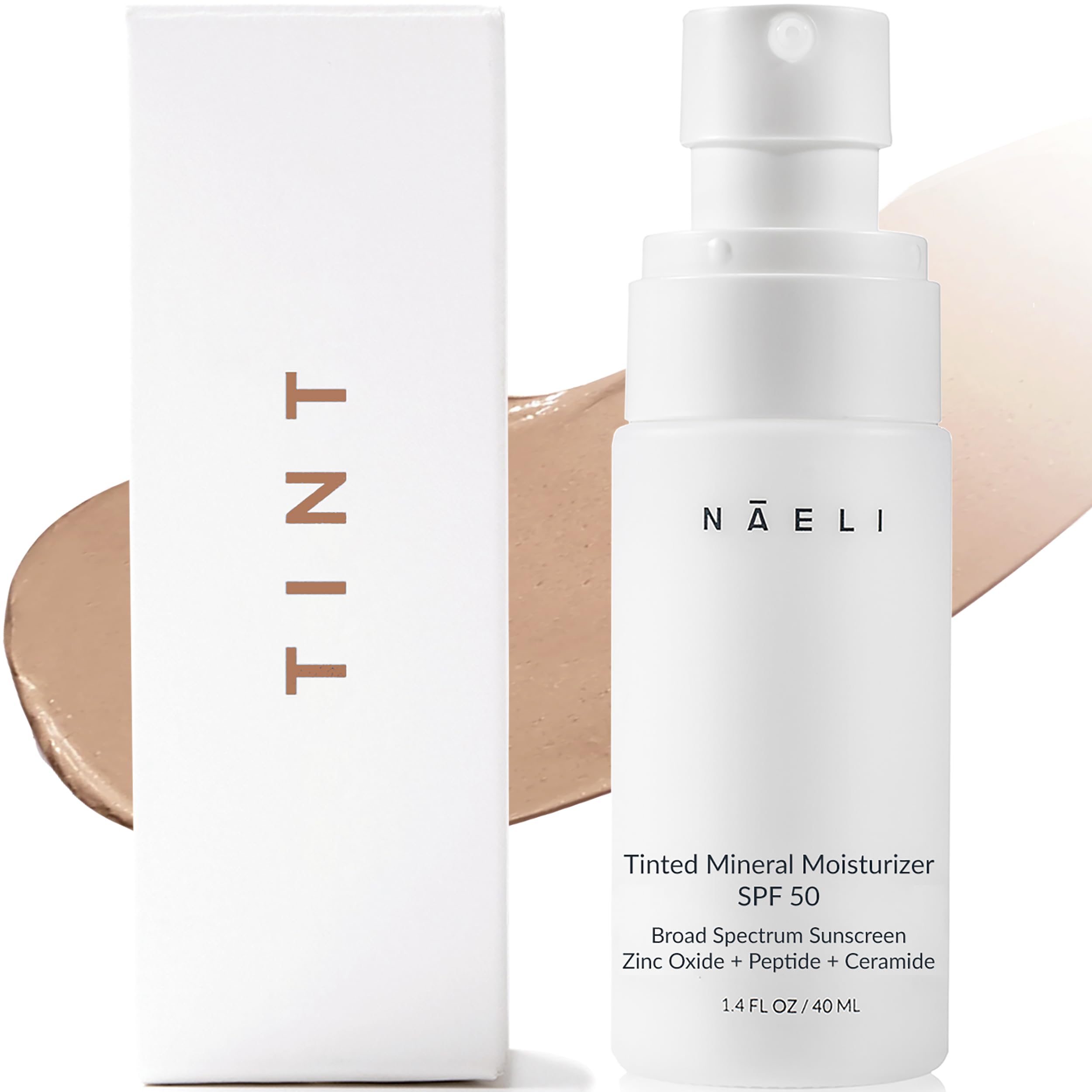 NAELI anti-aging tinted moisturizer SPF50 bottle showing reef-safe packaging.