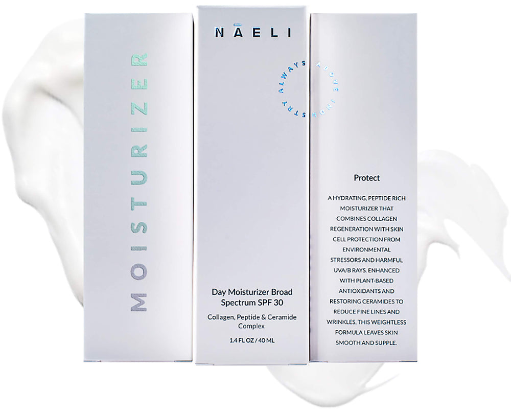 NAELI Face Moisturizer SPF30 protection ingredients image shows broad-spectrum sun defense in daily use.