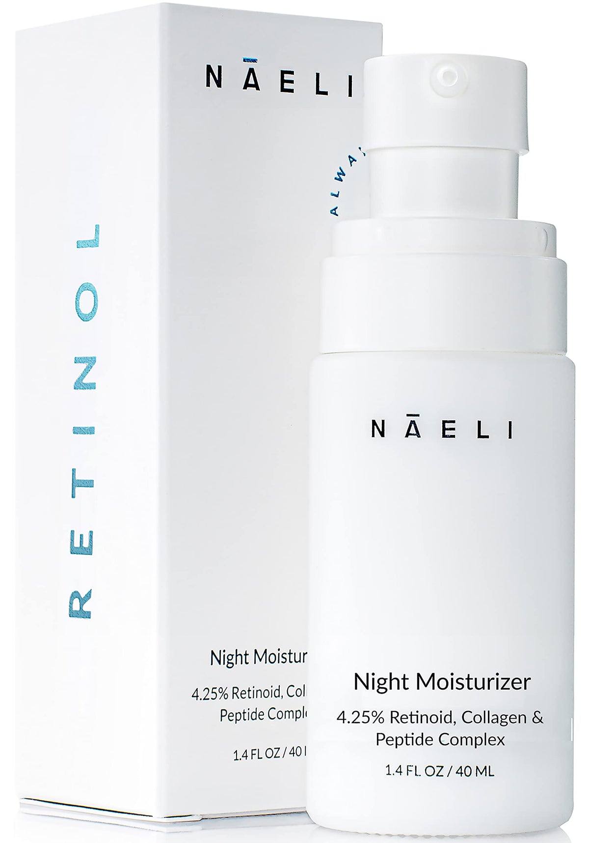 NAELI Retinoid Night Cream jar front highlights anti aging formula for firmer, smoother skin.