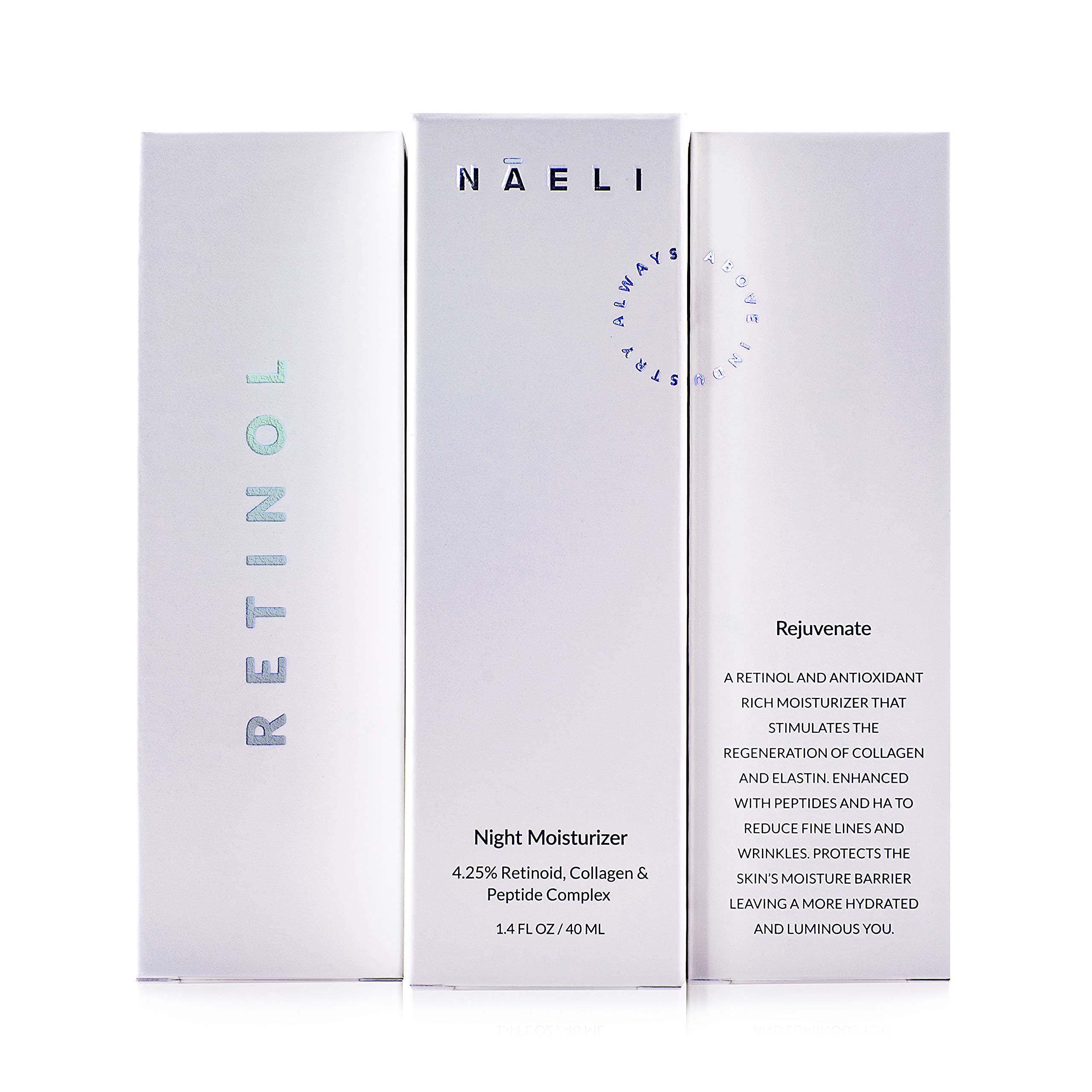 NAELI Retinoid Night Cream skin glow close-up implies improved tone and texture with nightly use.