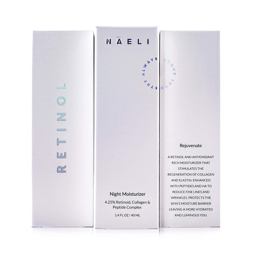 NAELI Retinoid Night Cream skin glow close-up implies improved tone and texture with nightly use.