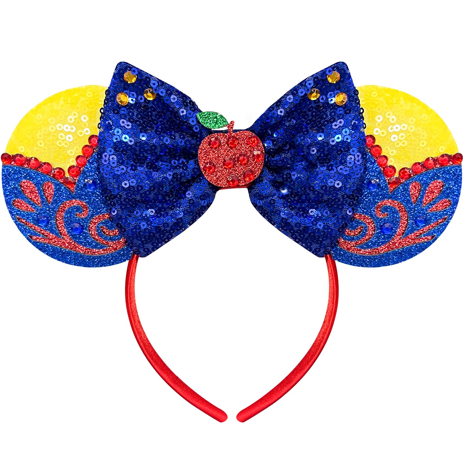 Nahalesy red apple mouse ears headband with sequin ears and blue bows for costumes and parties