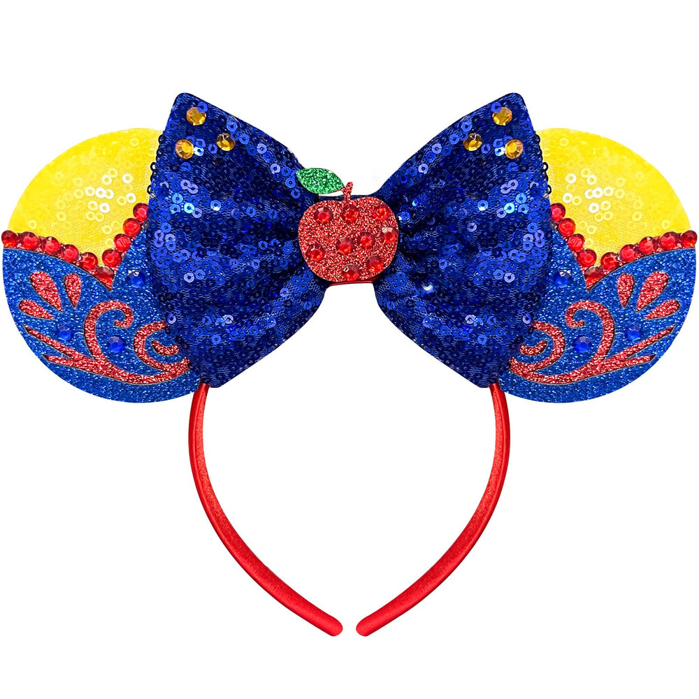 Nahalesy red apple mouse ears headband with sequin ears and blue bows for costumes and parties