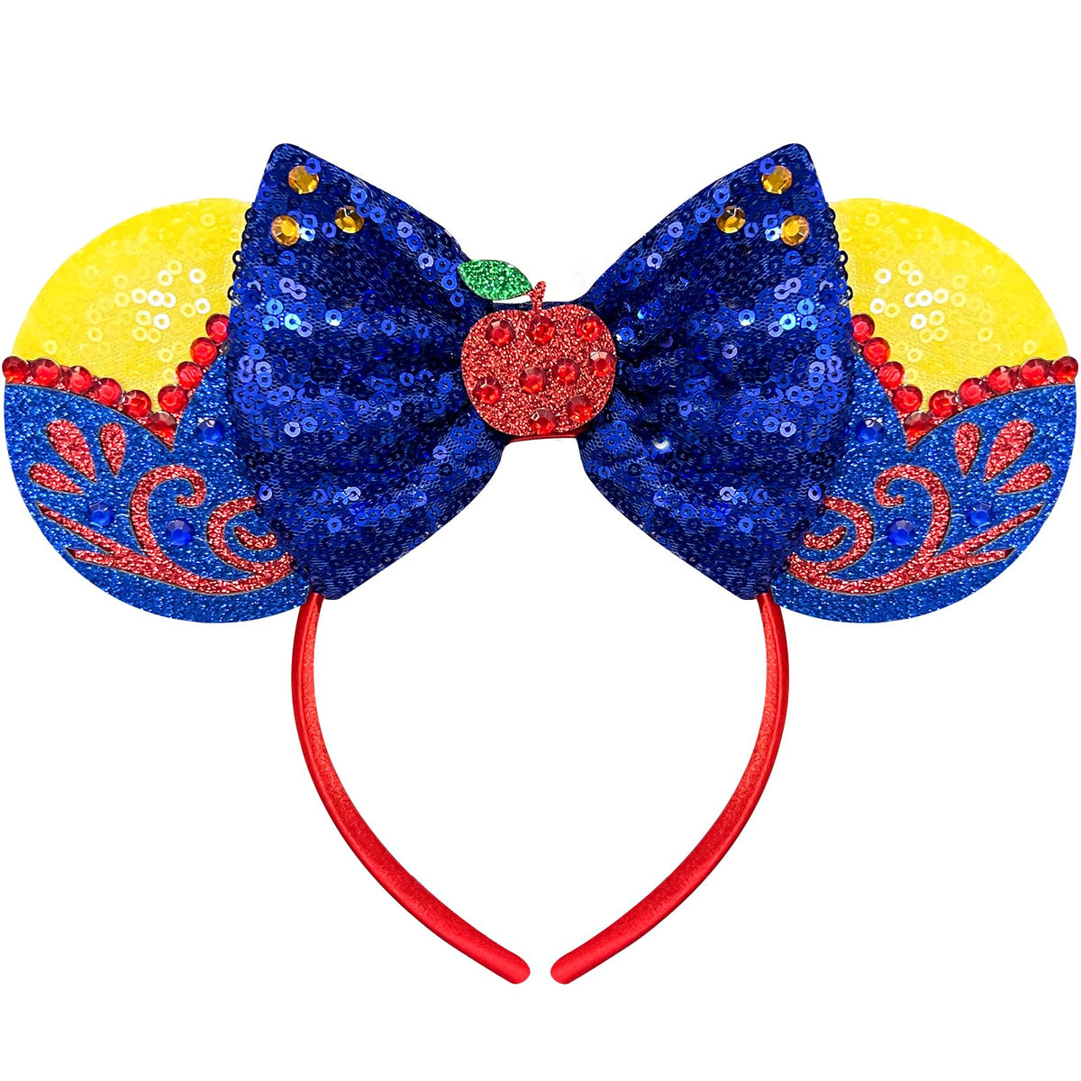 Nahalesy red apple mouse ears headband with sequin ears and blue bows for costumes and parties