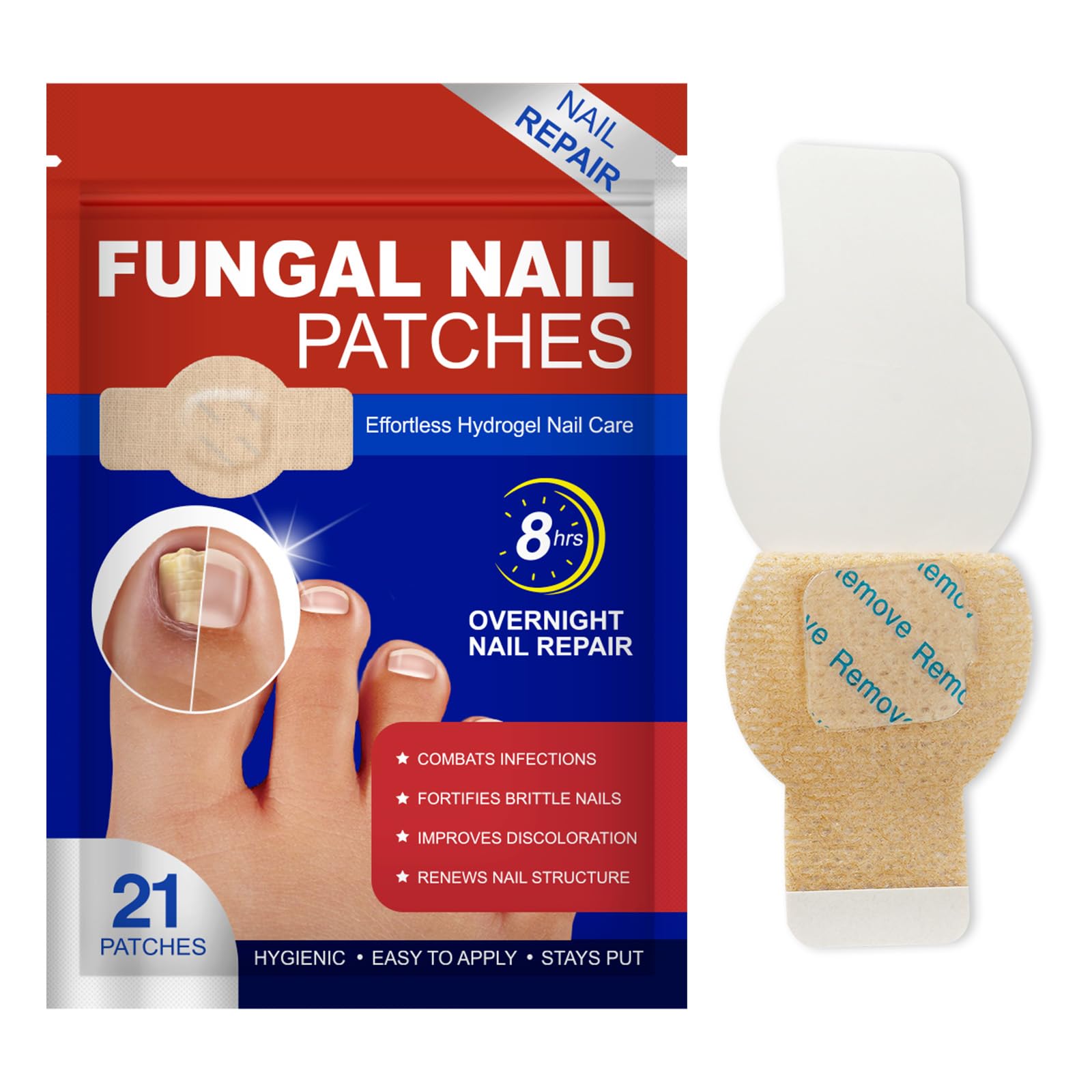 Nail Patches 21Pcs closeup shows clear patches for gentle toenail care.