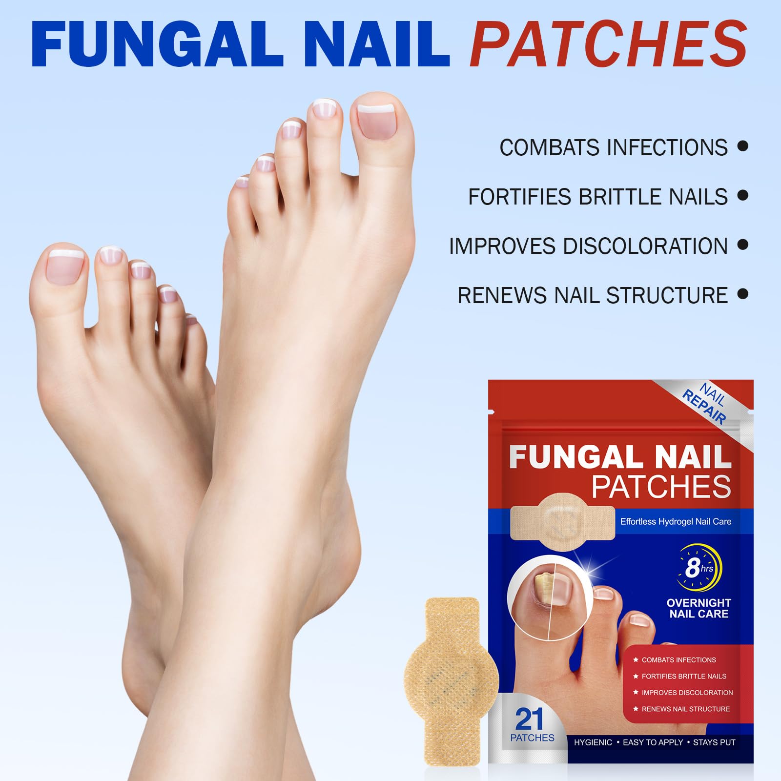 Nail Patches overnight-application demonstrates discreet hydrogel patches for eight-hour repair.