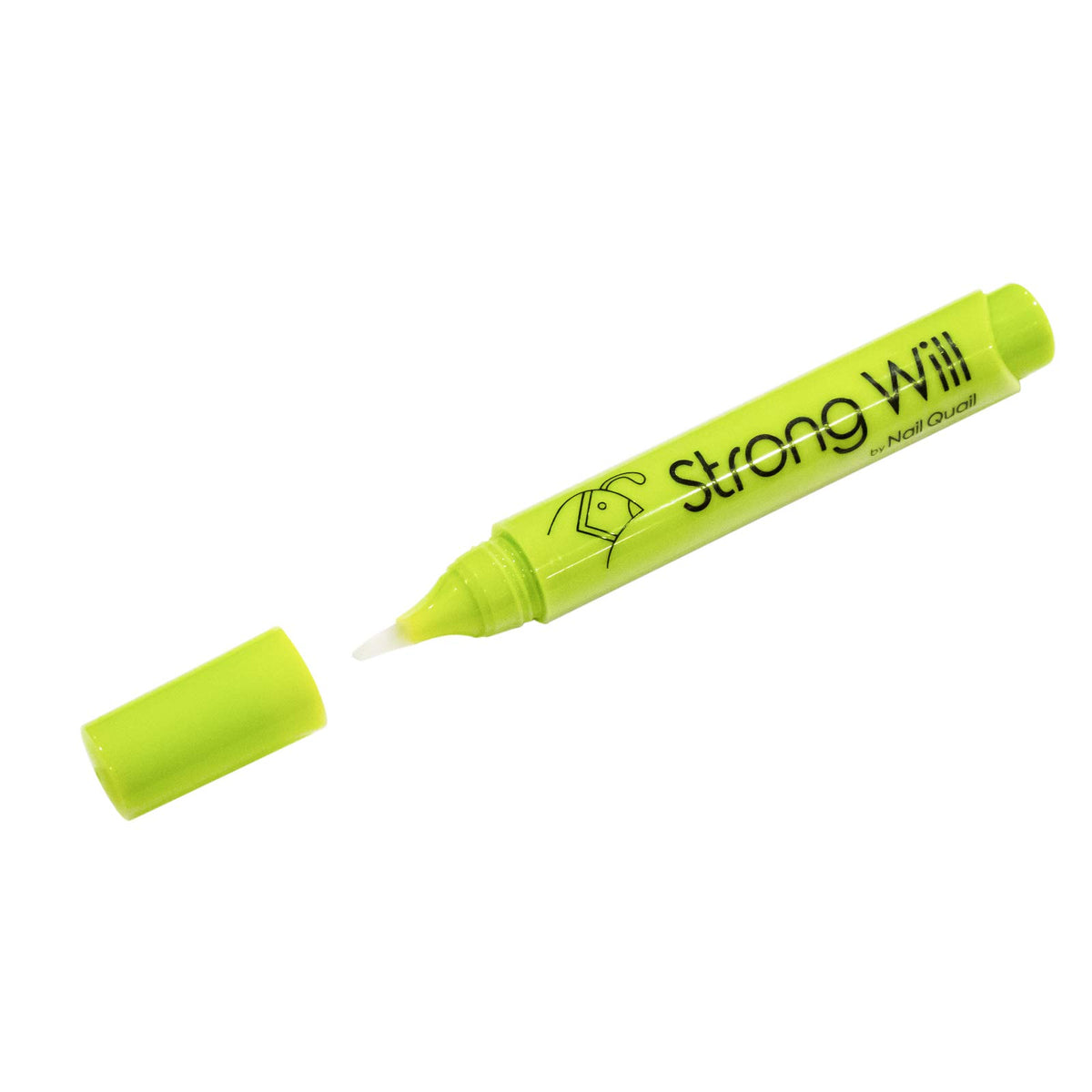 Nail Quail Strong Will pen cap close-up demonstrating invisible bitter formula for nail-biting deterrence.