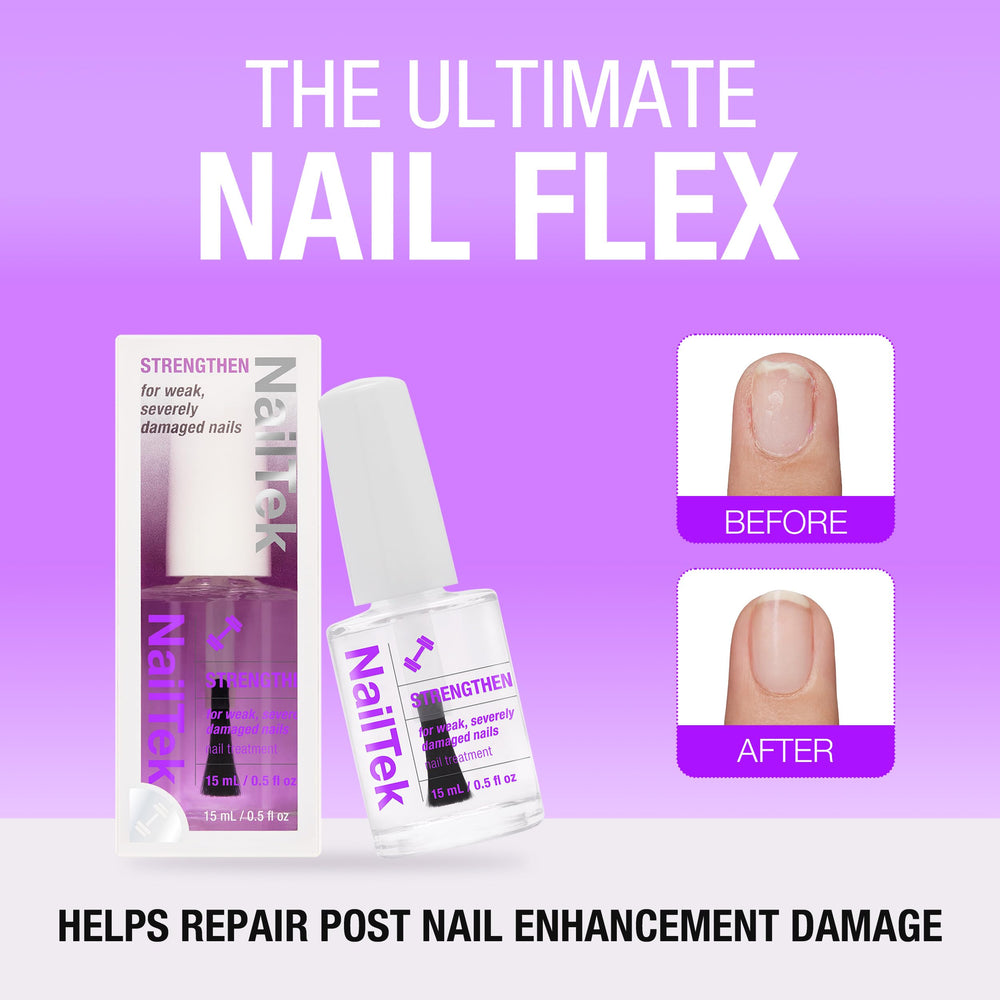 Nail Tek Formula 4 Xtra nail close-up shows nourishing formula for stronger nails.