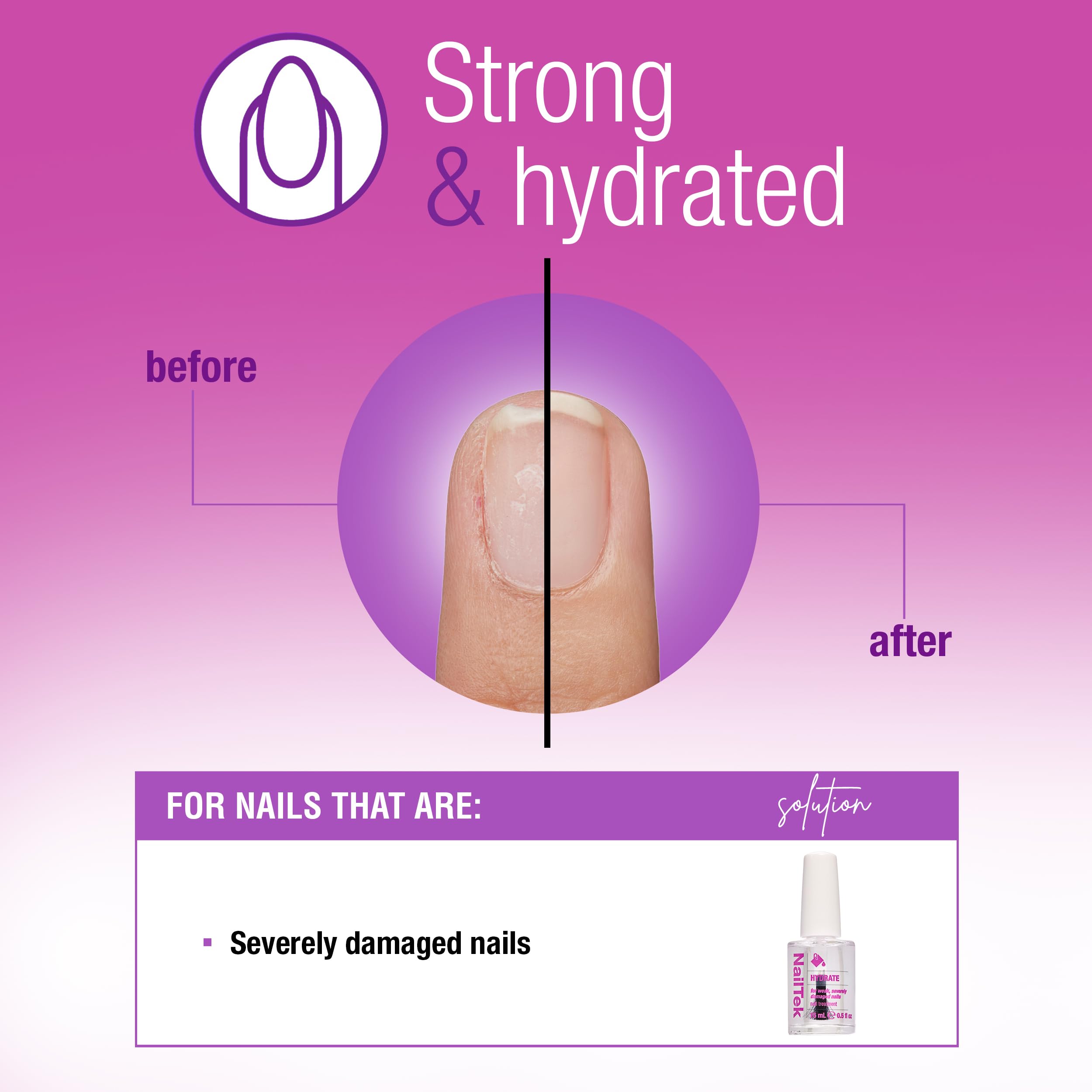 Nail Tek Hydrate nails after treatment with improved shine and flexibility.