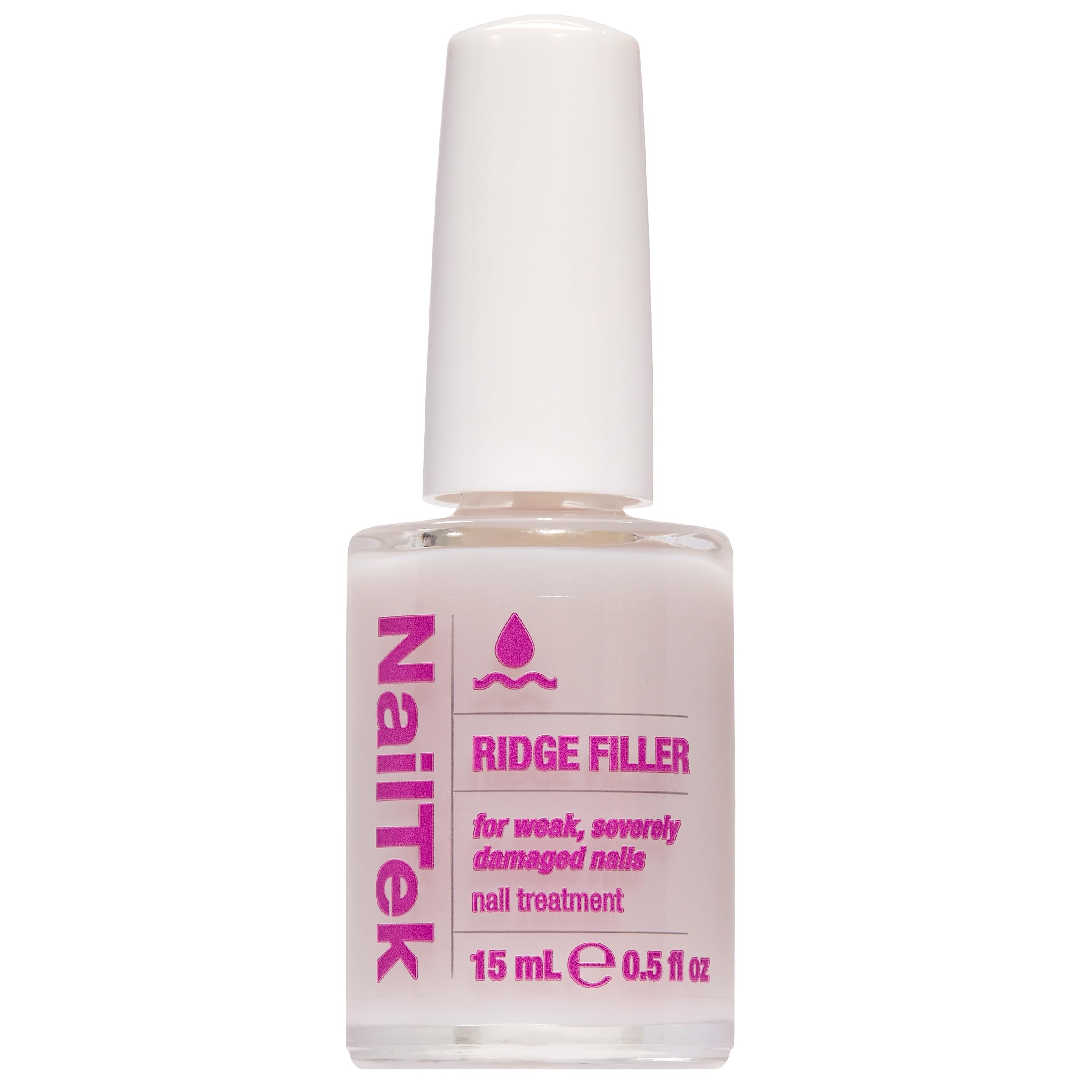 Nail Tek Ridge Filler bottle close-up shows a clear finish for damaged nails