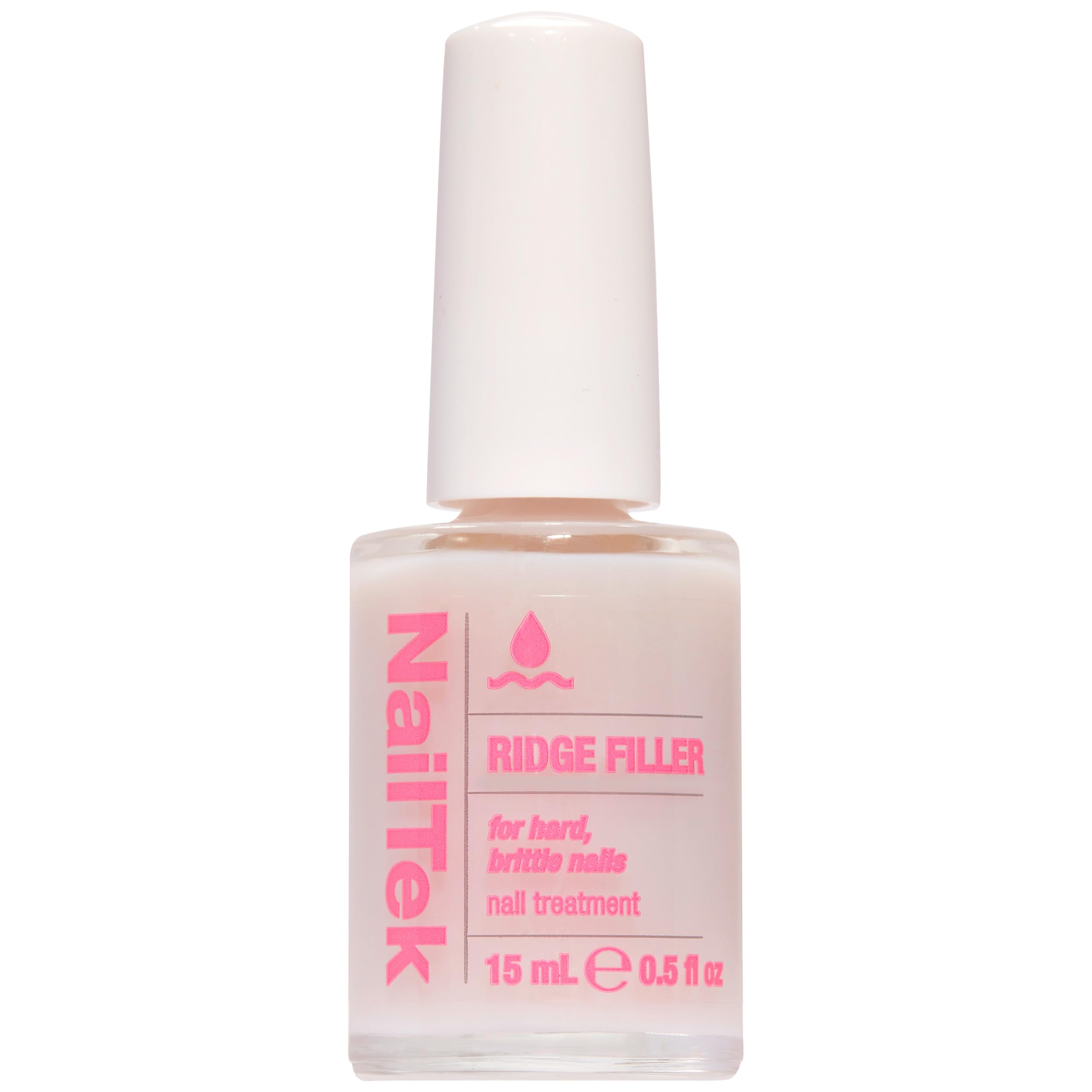 Nail Tek Ridge Filler bottle close-up shows a clear base coat for smooth nails.