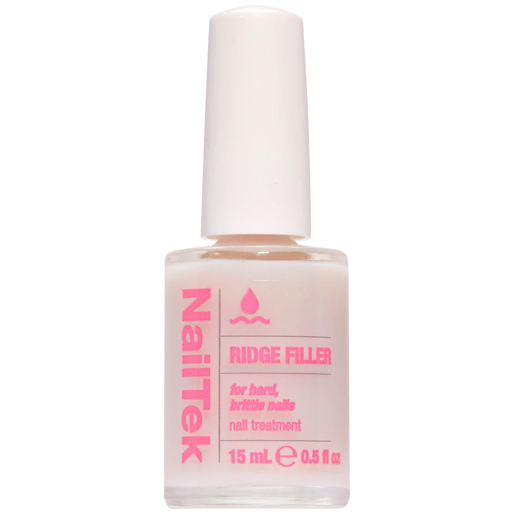 Nail Tek Ridge Filler bottle close-up shows a clear base coat for smooth nails.