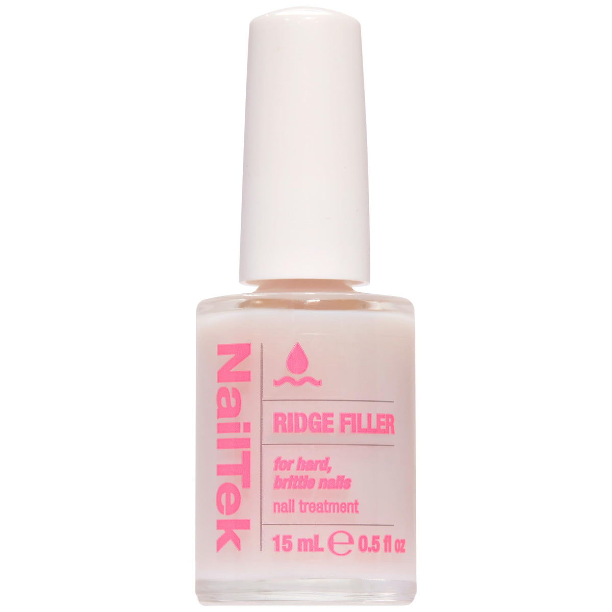 Nail Tek Ridge Filler bottle close-up shows a clear base coat for smooth nails.