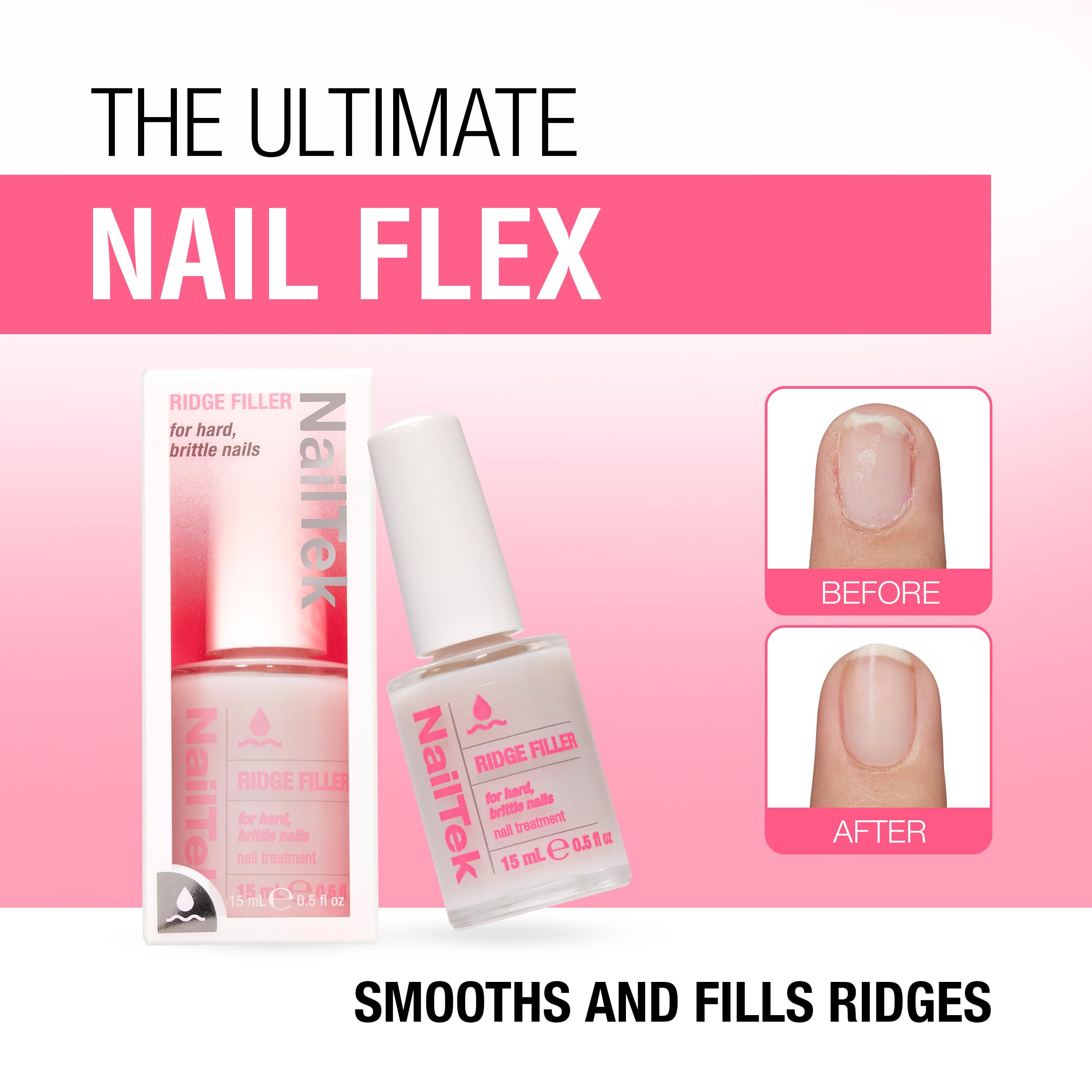 Nail Tek Ridge Filler micro-fiber formula helps even ridge concealment.