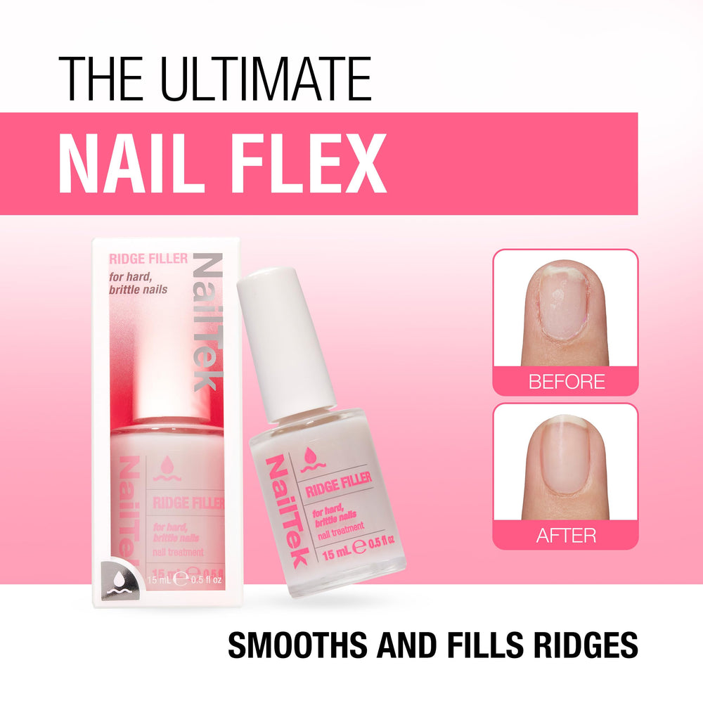 Nail Tek Ridge Filler micro-fiber formula helps even ridge concealment.