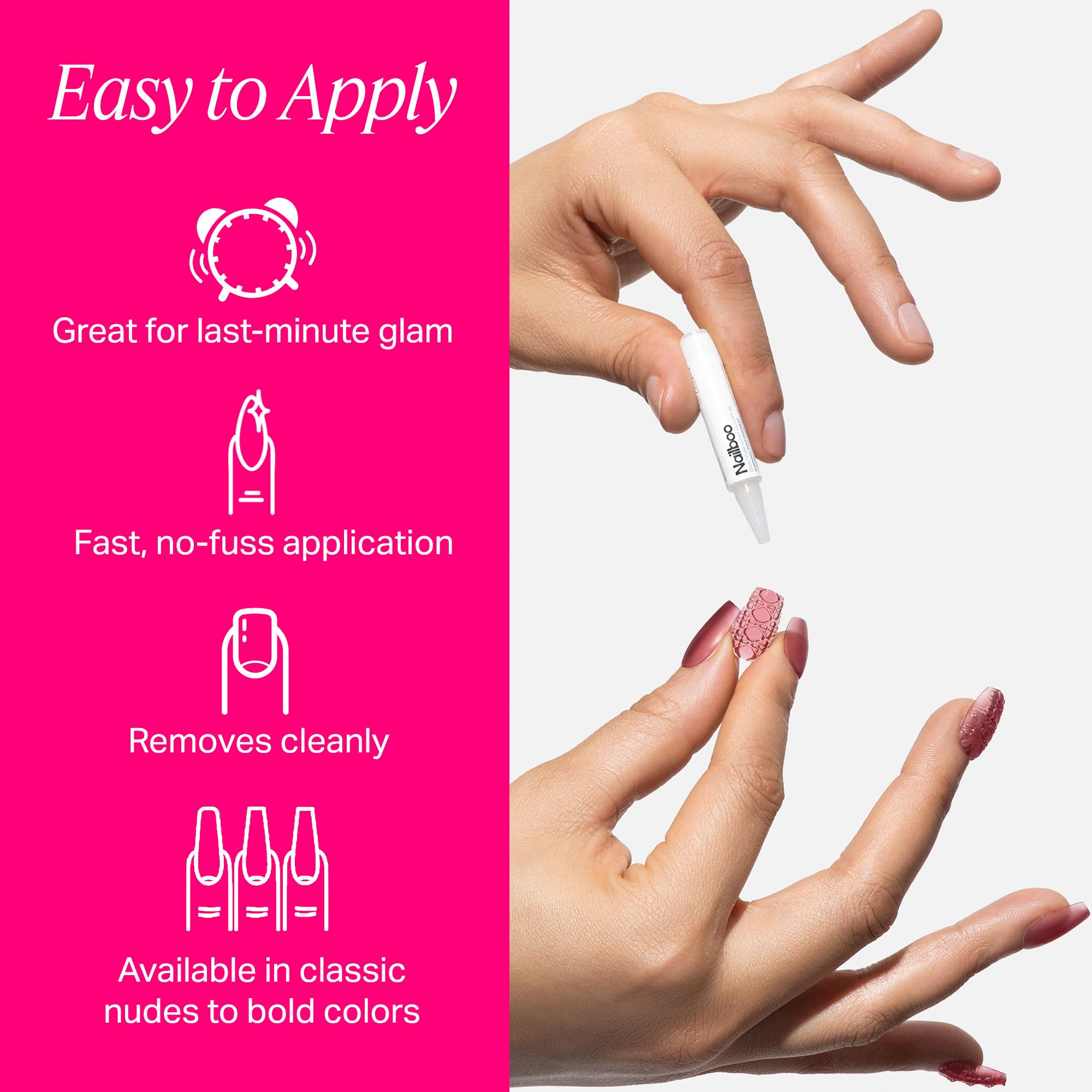 Nailboo Frenchie press-on nails application demonstrates fast DIY manicure with strong hold.