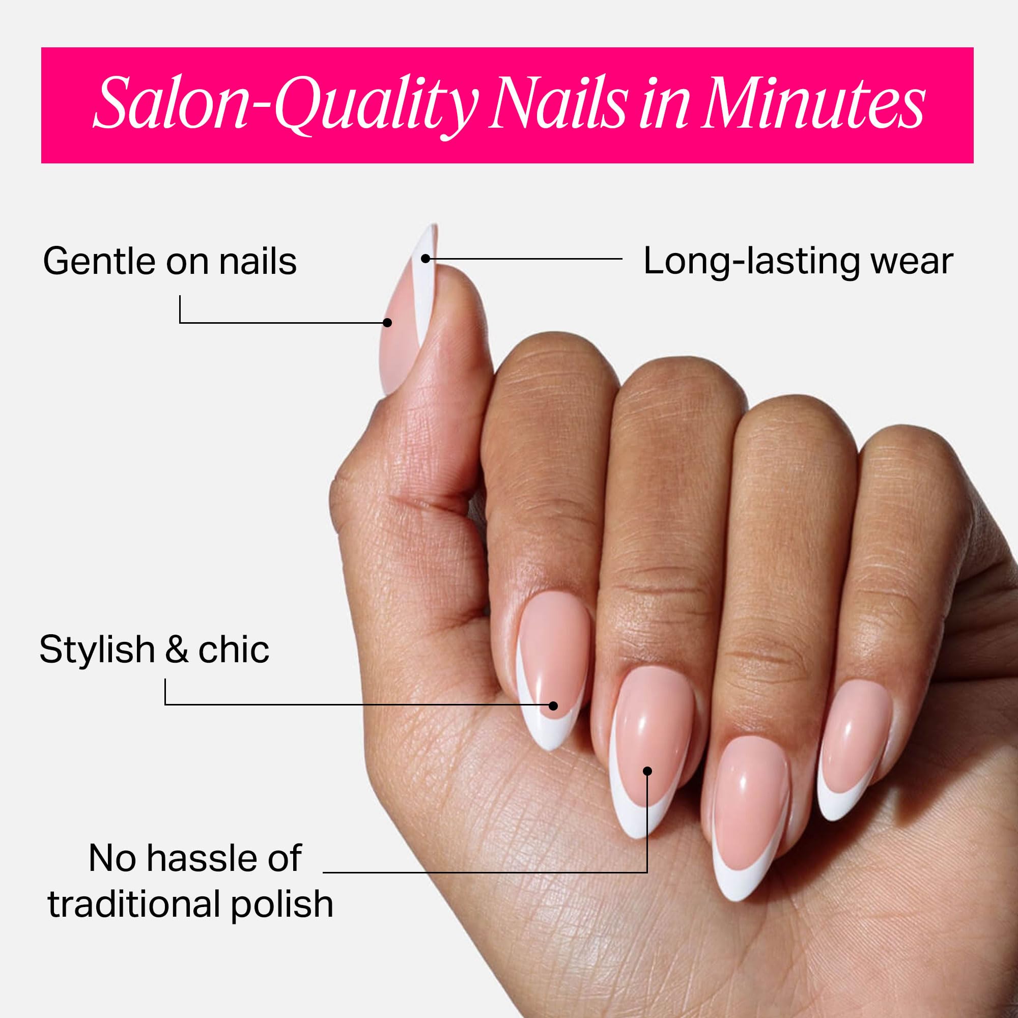 Nailboo Frenchie press-on nails closeup shows pre-shaped tips for comfortable wear.
