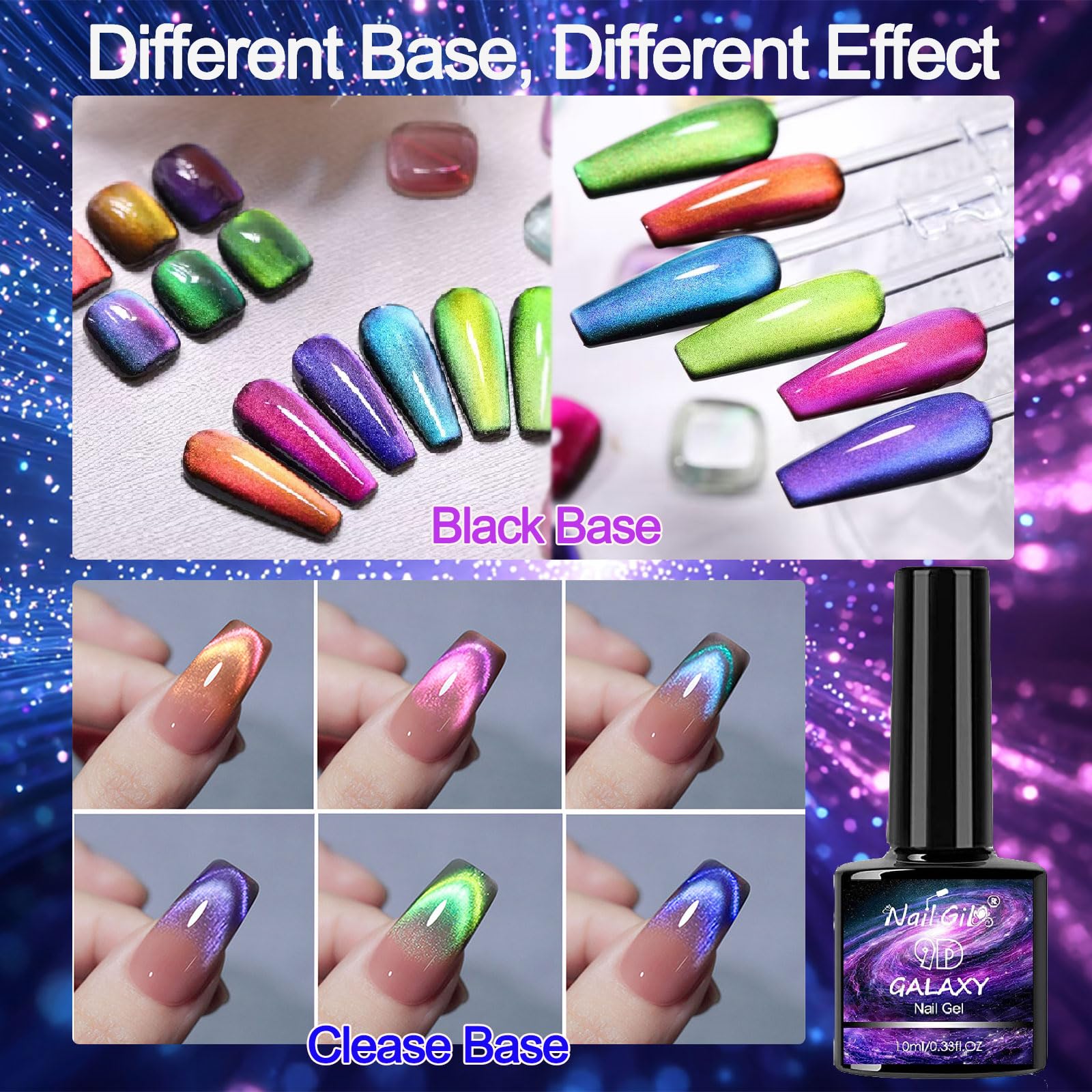 NAILGIL cat eye color swatches reveal holographic, mirror-like nail effects.