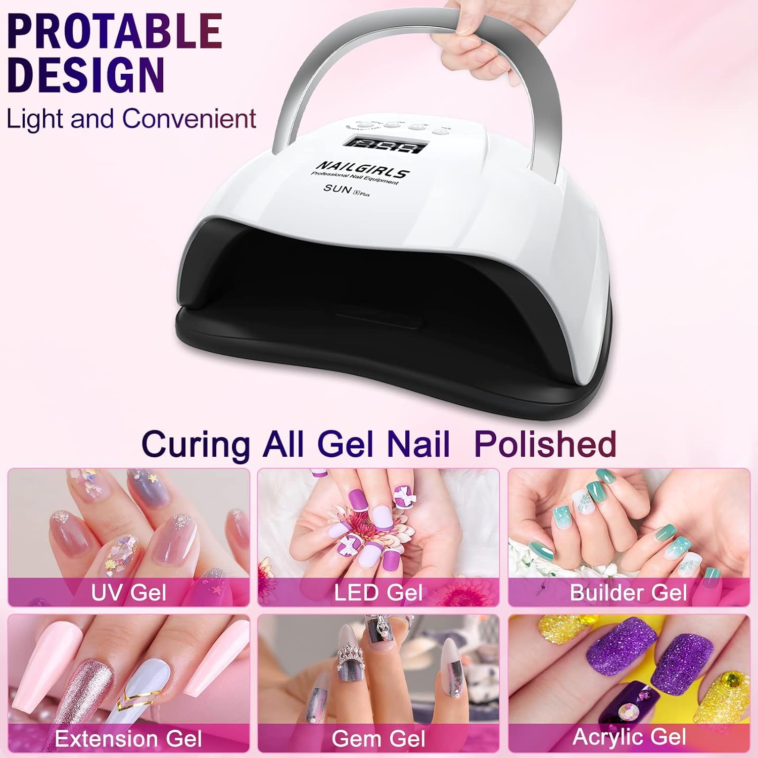 Nailgirls UV LED nail lamp portable handle eases transport for on-the-go manicures.