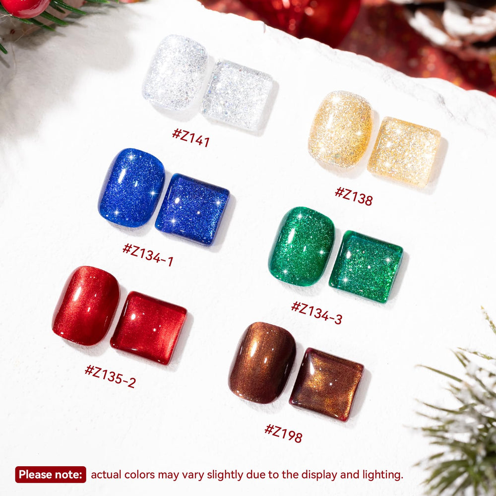 Nailshion 6-color Christmas nail polish collection swatches bold reds, greens, and metallics.