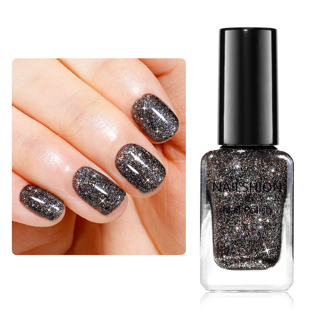 Nailshion Black Glitter Nail Polish bottle closeup shows rainbow sparkle for parties