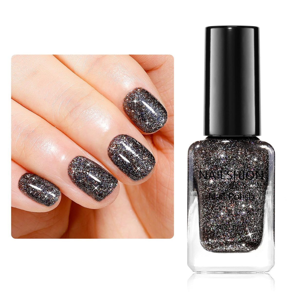 Nailshion Black Glitter Nail Polish bottle closeup shows rainbow sparkle for parties