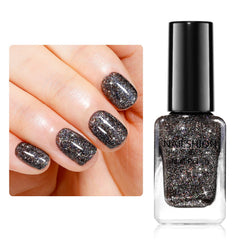 Nailshion Black Glitter Nail Polish bottle closeup shows rainbow sparkle for parties