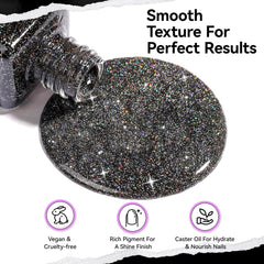 Nailshion Black Glitter Nail Polish brush application demonstrates smooth, quick-drying coverage