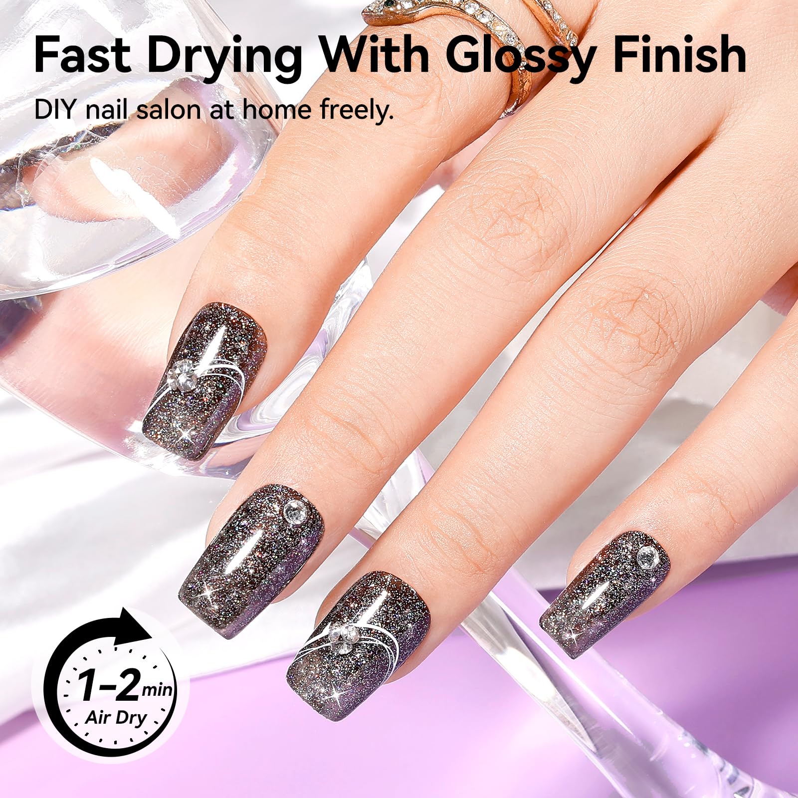 Nailshion Black Glitter Nail Polish swatches reveal bold, glossy rainbow shimmer on nails
