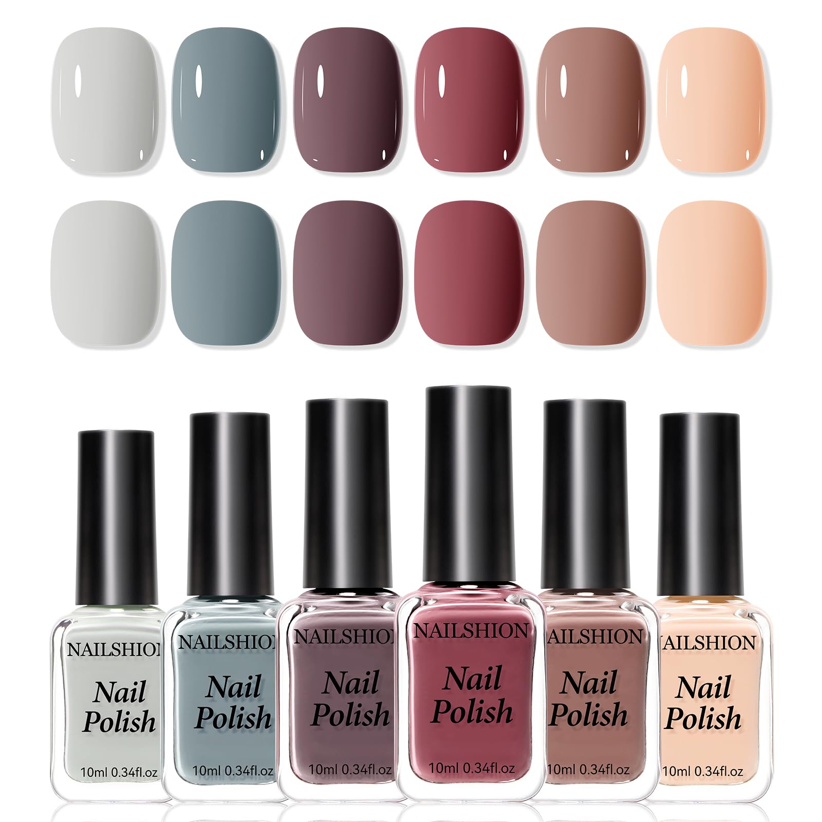 Nailshion Nude Grays set bottles show versatile neutrals for at-home manicures.