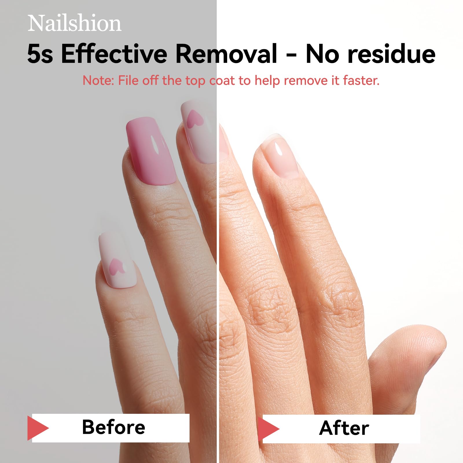 Nailshion quick-removal demonstration showing 3-5 second polish removal.