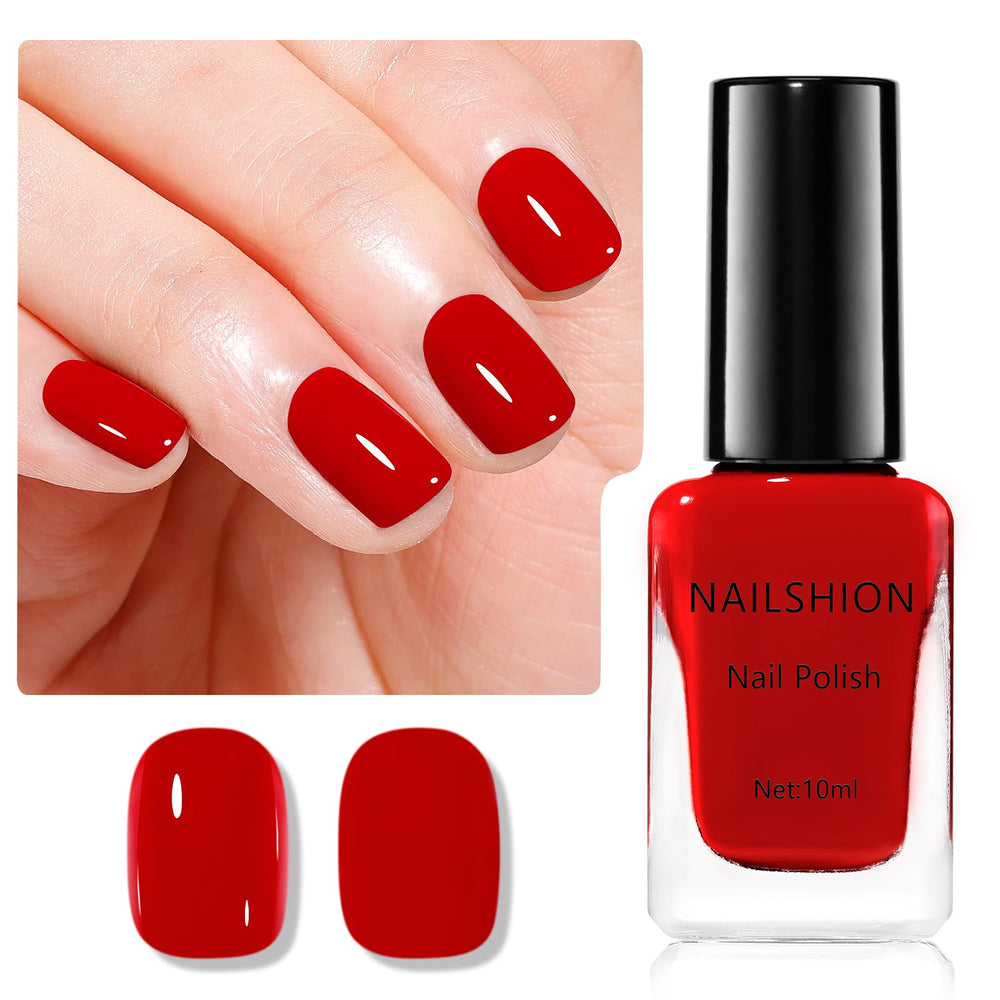 Nailshion red nail polish bottle close-up showing toxin-free formula and long-lasting color.